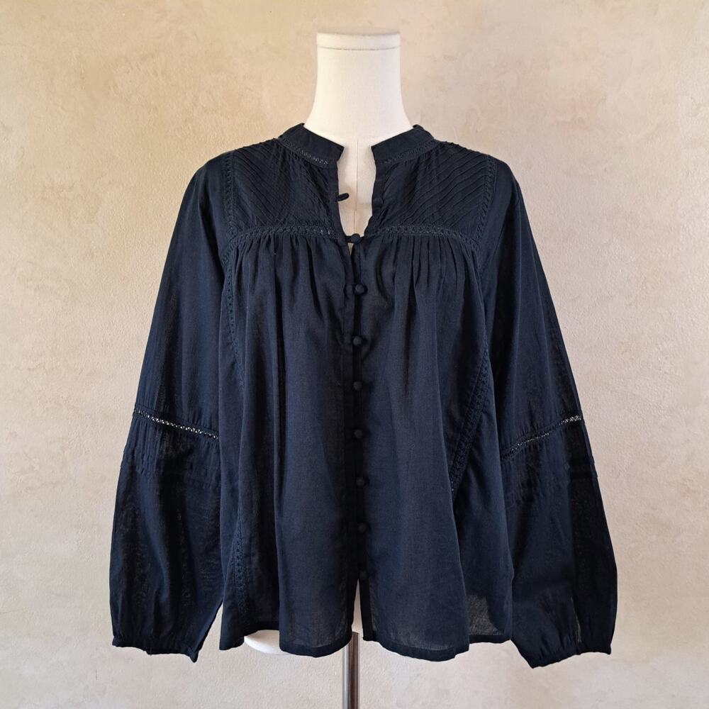 Velvet Graham Spencer Navy Cotton Lace Pintuck Blouse Medium Button Ft Boho Top
